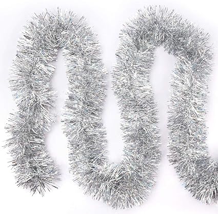 ARCCI Silver Christmas Tinsel Garland Holiday Decoration, 20 ft Classic Thick Colorful Reflections Shiny Sparkly Soft Party Hanging Tinsel, Xmas Tree Ceiling Ornaments