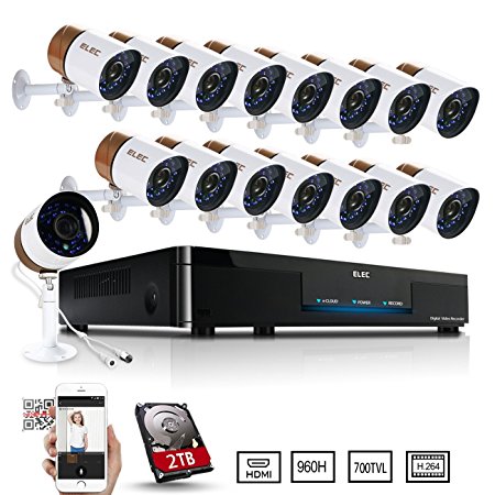 ELEC 1500TVL Security Camera 16 Channel 960H DVR Outdoor / Indoor CCTV Video Security System High Resolution Long Distance Transmit Range with Pre-Installed 2TB Hard Drive