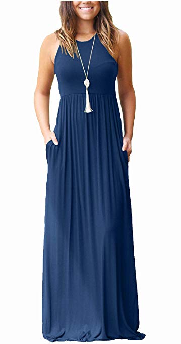 ZZER Women's Sleeveless Floral Racerback Loose Swing Casual Tunic Beach Long Maxi Dresses with Pockets