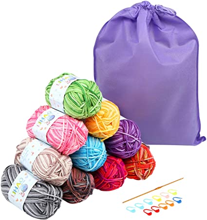 LIHAO 10 x Crochet Yarn Multi-Coloured Acrylic Cotton Knitting Yarn Skeins with Storage Bag - 50g/Roll