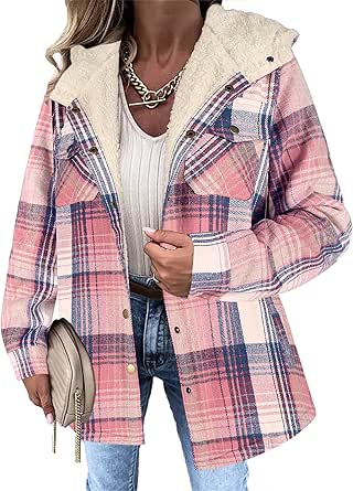 Zeagoo Womens Plaid Shacket Jacket Long Sleeve Button Down Fleece Hooded Jackets Warm Coat