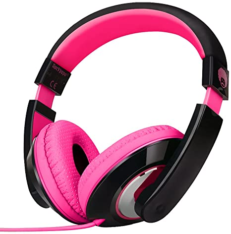 Rockpapa Comfort Stereo Wired Over/On Ear Headphones Earphones, Adjustable Headband for Adults/Kids Childs Boys Girls, iPod iPad MP3/4 CD/DVD Mobile Laptop Tablet in Car Airplane Travel Black Pink