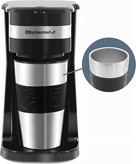 Elite Gourmet EHC111A# Maxi-Matic Personal 14oz Single-Serve Compact Coffee Maker Brewer, Includes Stainless Steel Interior Thermal Travel Mug, Compatible with Coffee Grounds, Reusable Filter, Black