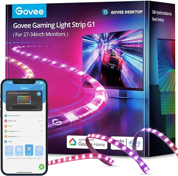 Govee RGBIC Gaming Light for Monitor G1, RGBIC LED Backlight for 27-34 Inch PC, Software Colour Matching Strip Lights Sync to Screen, Compatible with Alexa and Google Assistant, Supports 2.4G Wi-Fi