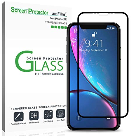 iPhone XR Screen Protector Glass, amFilm iPhone XR 6.1 Full Screen Coverage and Full Screen Adhesive Glass Screen Protector for Apple iPhone XR (6.1") (2018)