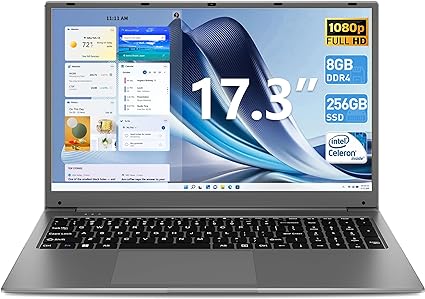 SGIN 17 Inch Laptop 8GB RAM 256GB SSD, Laptops with IPS Full HD Display, Intel Celeron Quad Core J4105(Up to 2.5 GHz), Mini HDMI, Webcam, Wi-Fi, 8000 mAh Battery(Gray)