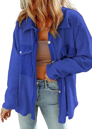 Dokotoo Womens 2023 Lapel Long Sleeve Raw Edge Shacket Jacket Button Down Fall Shirt Coat with Pockets