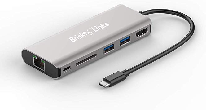 Brisk Links USB C Hub, 6-in-1 USB-C Adapter, Includes: USB C to 4K HDMI, 2 USB 3.0 Ports, SD Card Reader, USB-C Power Delivery, with Ethernet Port, Includes A Bonus High Speed HDMI Cable.