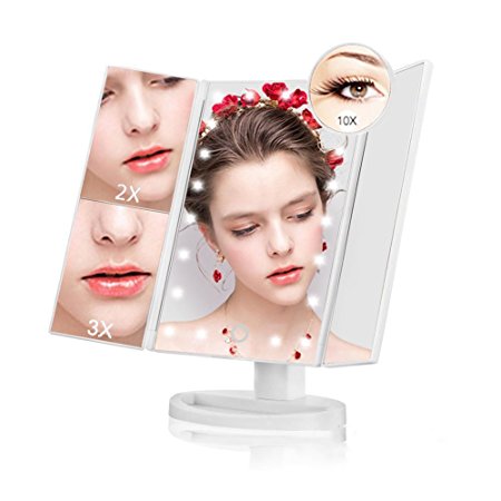 Tri-Fold Illuminated Makeup Mirror 21 LED lights with Dimmable Touch Screen, 3X/2X and Detachable 10X Magnification Spot Mirror, 180 Degree Adjustable Stand for Cosmetic Travel Mirror