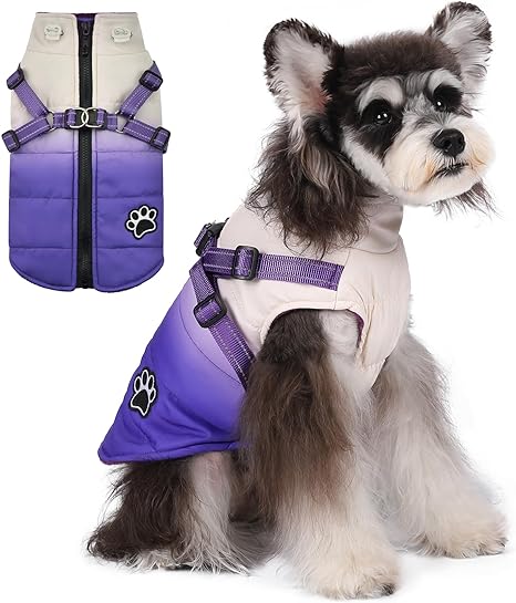 Norbi Dog Winter Coat, Gradient Dog Coat with Harness Reflective Adjustable Straps Warm Dog Coats, Stylish Dog Jacket Vest for Small Medium Dogs (Medium, Gradient Purple)