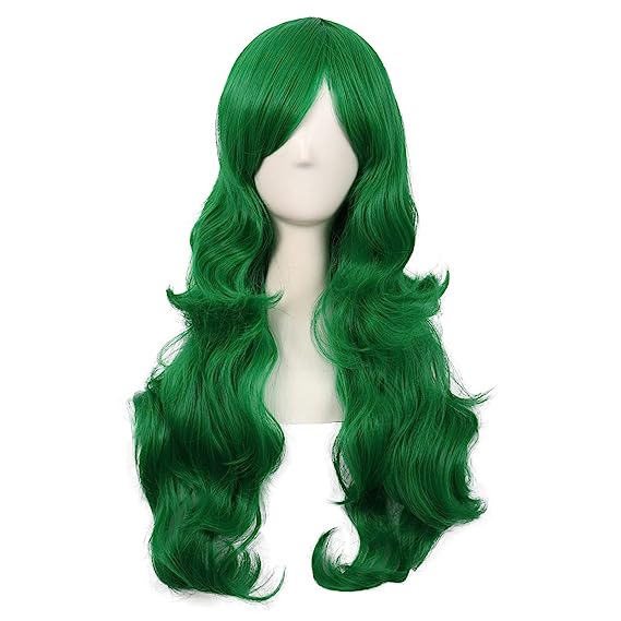 MapofBeauty 28 Inch/70cm Charming Women Side Bangs Long Curly Full Hair Synthetic Wig (Grass Green)