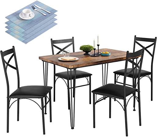 VECELO 5-Piece Dining Table Set for Home Kitchen Small Space Breakfast Nook, 4 Faux Leather Metal Frame Chairs, 4 Placemats Included, Retro Brown