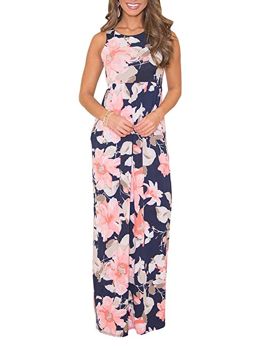Women's Maxi Dress Floral Printed Scoop Neck Casual Dress Elastic Waist 3/4 Sleeve Tunic Dress for Women