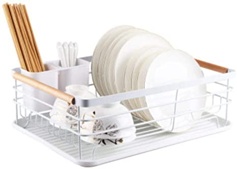 BTGGG Dish Drainer Rack with Removable Drip Tray, Metal Kitchen Dish Drying Rack Organiser with Wooden Handles, White, 43 x 30.5 x 14 cm