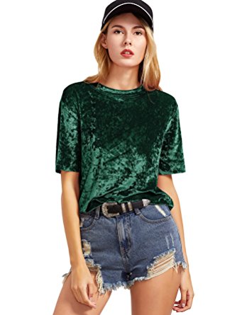 Romwe Women's Velvet O Neck T-Shirt Tee Top Blouse