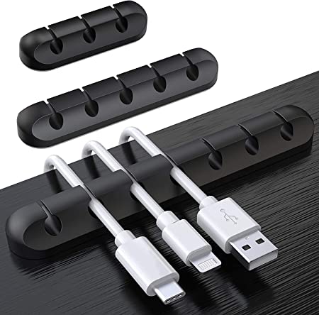 SOULWIT 3-Pack Cable Holder Clips, Desktop Cable Organizer Cord Wire Management for USB Charging Cable Power Cord Mouse Cable PC Office Home (753-Slot-Black)