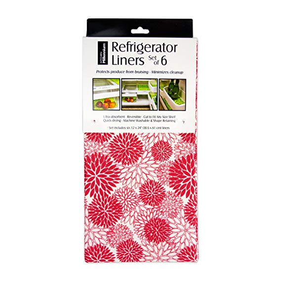DII Non Adhesive Cut to Fit Machine Washable Fridge Liner For Drawers, Bins, Trays, Protect Produce, Set of 6, 12 x 24" - Tango Red Dahlia
