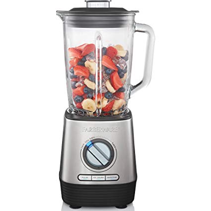 FARBERWARE HIGH PERFORMANCE BLENDER WITH LARGE 48-OZ GLASS JAR . 3 PRESET PROGRAMS. DISHWASHER SAFE LID AND JAR . VARIABLE SPEED DAIL LETS YOUR CONTROL THE BLENDING ( BPA FREE GLASS JAR)