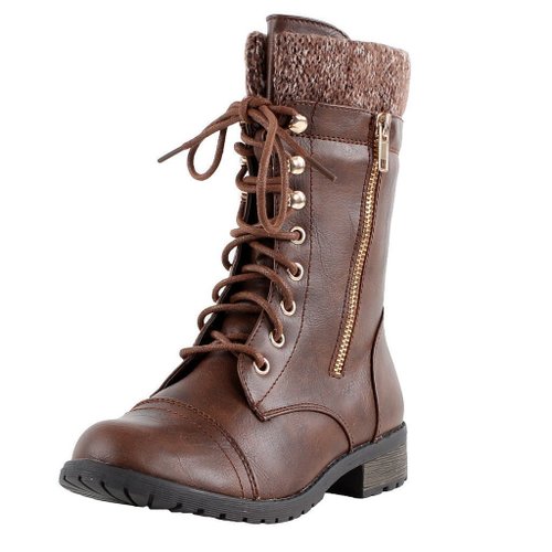 Forever Link Womens Mango-31 Round Toe Military Lace Up Knit Ankle Cuff Low Heel Combat Boots