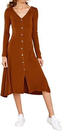 R.Vivimos Women's Winter Cotton Long Sleeves V-Neck Casual Button Down Knit Sweater Midi Dress