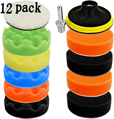 Polishing Pads for Drill - 12Pcs Polishing Waxing Buffing Pads Sponge Woolen Polishing with M14 Thread Backing pad & Adapters for Car Sanding (4inch)