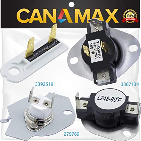 279769 & 3387134 & 3392519 Dryer Thermal Cut-off Fuse & Thermostat COMPLETE Kit Premium Replacement by Canamax - Compatible with Whirlpool Kenmore Dryers - Replaces 3977394 3390291 PS345113 AP6008325