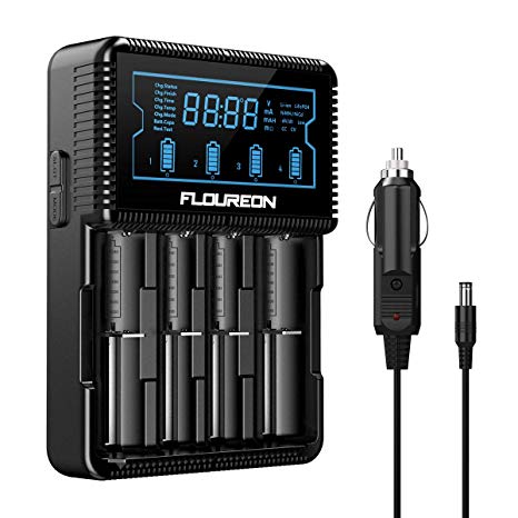 Universal Smart Battery Charger,Floureon 18650 Battery Charger with LCD Display, Power Adapter, Car Adapter for Rechargeable Batteries Ni-MH Ni-Cd AA AAA C Li-ion 18650 26650 14500 16340 18500 10440