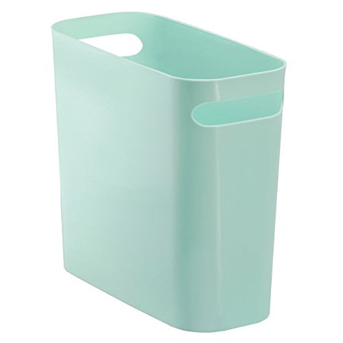 mDesign Slim Rectangular Small Trash Can Wastebasket, Garbage Container Bin with Handles for Bathrooms, Kitchens, Home Offices, Dorms, Kids Rooms — 10" high, Shatter-Resistant Plastic, Mint Blue