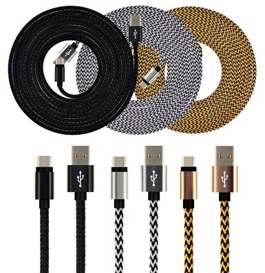 UNISAME [Pack of 3Pcs] 10Ft Rugged Bold Braided USB Type-C 3.1 to USB 2.0 A Data Charging Cable Reversible Connector Charger Cord for Galaxy Note 7, LG G5, Nexus 6P 5X, HTC 10, Oneplus 2 3 and More