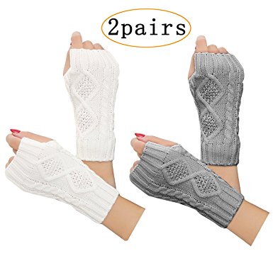 2 Pair Women's Hand Crochet Winter Warm Fingerless Arm Warmers Gloves