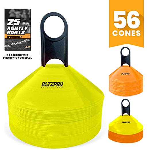 Bltzpro Disc Cones (Set of 56) - Agility Soccer Cones with Carry Bag and Holder for Training & Coaching, Football, Kids, Team Sports, Field Cone Markers - Includes Top 25 Drills eBook