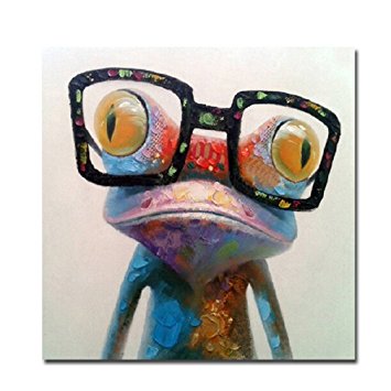 Fokenzary Hand Painted Oil Painting Pop Frog with Glasses on Canvas Wall Art Framed Ready to Hang (24x24in)