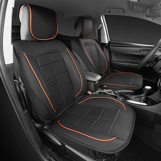 Motor Trend MTSC-410 2pc Front SeatWrap Leatherette Car Seat Covers-PU Leather-2pc Cushion Protectors-Orange Accent Piping on Black