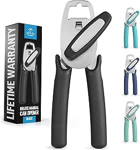 Zulay Kitchen Heavy Duty Stainless Steel Can Opener Manual with Large Bottle Opener - Rust Proof Manual Can Opener Smooth Edge and Easy Turn Knob, Soft Grip Handles - (Black)