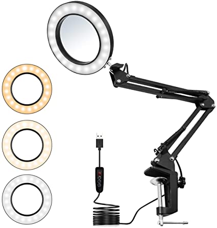 Topsky LED Magnifying Lamp - 5X Magnification, 10 Lighting Levels Dimming, 3-Colour Modes 4.1" Diameter Glass Lens Metal Swing Arm Adjustable Industrial Clamp for Reading/Office/Work (Black)