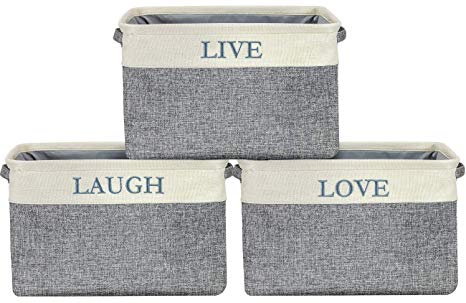 Sorbus Storage Basket Set [Pack 3] Large 15 x 10 x 9 Live Laugh and Love, Big Rectangular Fabric Collapsible Organizer Bins with Carry Handles for Easy Use (Storage Grey Bins - Uppercase Text)