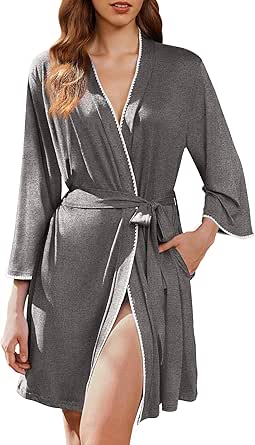 Ekouaer Robes for Women Knee Length Bathrobe 3/4 Sleeve Sleep Robe Cozy Sleepwear with Pockets S-XXL