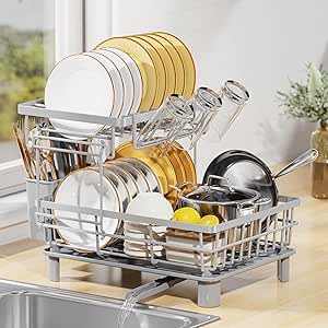 Dish Drying Rack, 2 Tier Dish Drying Rack with 360° Swivel Spout, Dish Racks for Kitchen Counter, Kitchen Dish Drainer Organizer with Utensil Holder, Grey