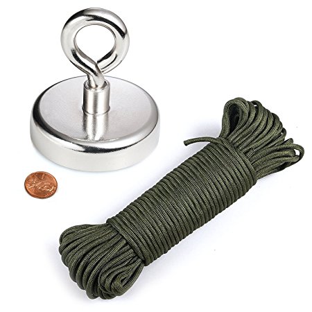 Unime 255 LBS Pulling Force Round Neodymium Magnet with Countersunk Hole and Eyebolt for Magnet Fishing, Diameter 2.36INCH(60mm), with 100ft. Nylon Paracord Rope