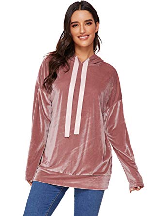 Verdusa Women's Drop Shoulder Velvet Hoodie Long Sleeve Sweatrshirt Pullover