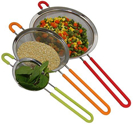 Fine Mesh Stainless Steel Strainer Set of 3 with Silicone Handles - Large, Medium & Small Size - Ideal to Strain Pasta Noodles, Quinoa, Cocktails, Tea, Almond Milk, Sift & Sieve Flour & Powdered Sugar
