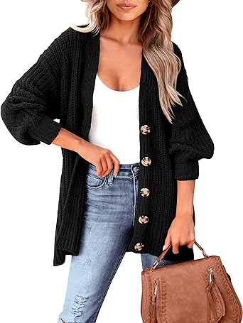 MASCOMODA Women's Long Sleeve Oversized Cable Knit Sweater Cardigan 2023 Fall Open Front Button Down Chunky Knit Outwear Coat