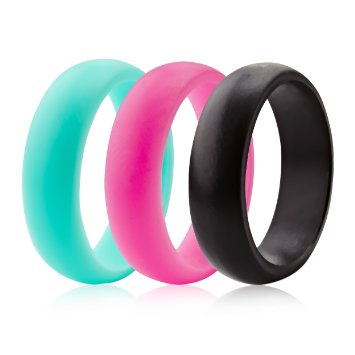 Womens Silicone Wedding Ring Wedding Band - 3 Rings Pack - 5.5mm Wide (2mm Thick) - Teal, Pink, Black