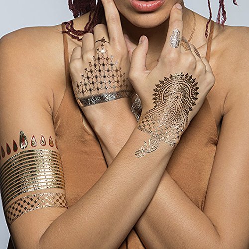 Tattify Metallic Gold Indian Style Jewelry Temporary Tattoos - Indian Princess Set of 4 sheets