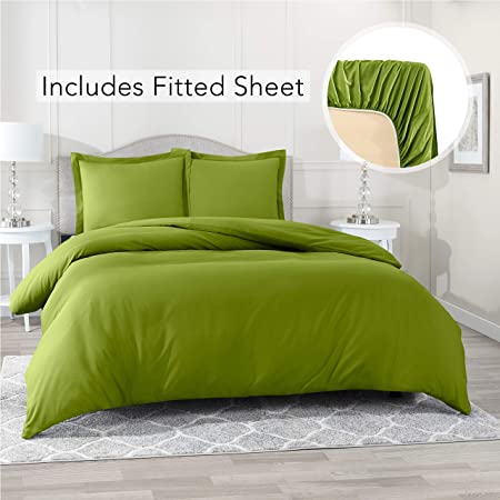 Nestl Bedding Duvet Cover with Fitted Sheet 4 Piece Set - Soft Double Brushed Microfiber Hotel Collection - Comforter Cover with Button Closure, Fitted Sheet, 2 Pillow Shams, Queen - Calla Green