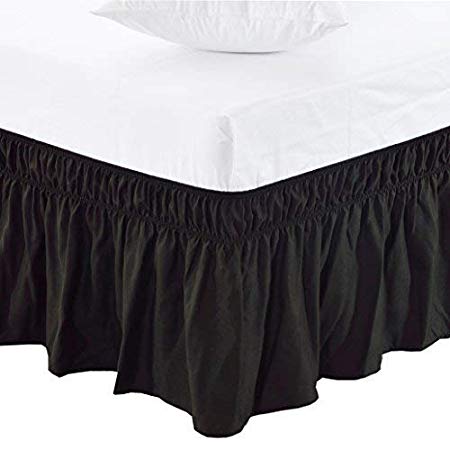 MEILA Three Fabric Sides Wrap Around Elastic Solid Bed Skirt, Easy On/Easy Off Dust Ruffled Bed Skirts 16 Inch Tailored Drop (Black Twin/Full)