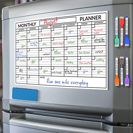 Scribbledo Magnetic Dry Erase Monthly Calendar Planner White Board Sheet for Refrigerator 11X17 Inch Whiteboard Magnet Includes 6 Fridge Markers and Eraser