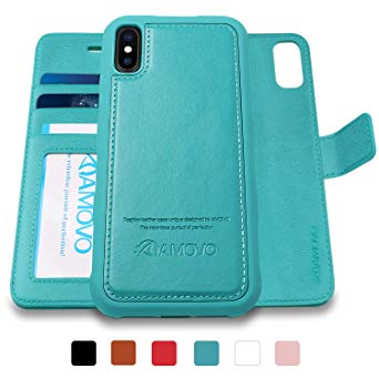 AMOVO Case for iPhone Xs Max [2 in 1] iPhone Xs Max Wallet Case Detachable [Vegan Leather] [Hand Strap] [Magnetic Closure] iPhone Xs Max Folio Flip Case (6.5’’) with Gift Box Package (Aqua)