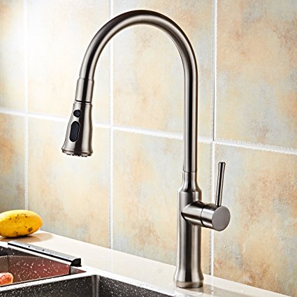 Commercial Single Handle Sprayer Pull-Down Kitchen Sink Faucet, High-arch Gooseneck, Automatic Docking, 360 Degree Swivel, Lead Free Certified, Brushed Nickel Finished, by HHOOMMEE, Model AT0783-18S