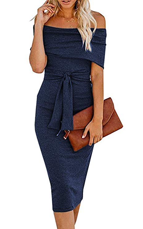 Angashion Womens Sexy Off Shoulder Long Sleeve Bodycon Midi Knit Cocktail Evening Sweater Dress with Belt